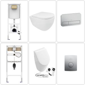 BB INFINITY Wand WC spülrandlos mit VILLEROY&BOCH Zubehör & SUBWAY Urinal Ceramic Plus, chrom matt
