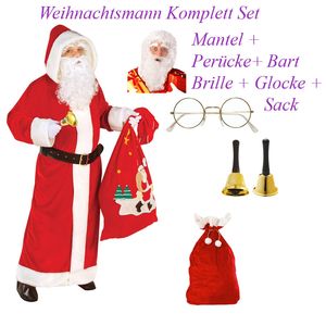 WEIHNACHTSMANN KOSTÜM SET Weihnachten Mantel Bart Perücke Sack Brille Glocke