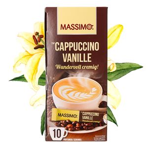 MASSIMO Cappuccino Vanille 125g (10 Sticks á 12,5g) Instantgetränk Pulver mit löslichem Kaffee und Kakaopulver, schnelle Zubereitung