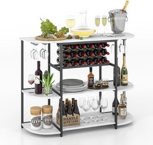 GOPLUS 3-stöckiger Weinregal für 18 Flaschen, Weinschranktisch mit Glashalter, Flaschenregal aus Holz, Barschrank für Küche & Esszimmer (Weiß)