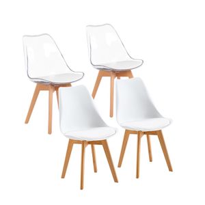 IPOTIUS 4er Set Esszimmerstühle mit Massivholz Buche Bein, Skandinavisch Design Gepolsterter Küchenstühle Stuhl Holz, 2 Weiß + 2 Transparent