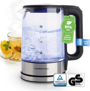 GOURMETmaxx Glas-Wasserkocher in zeitlosem Edelstahl-Design blaue LED-Beleuchtung Praktische Wasserstandsanzeige Antikalkfilter 1,7l Fassungsvermögen