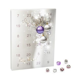 VALIOSA Merry Christmas Mode-Schmuck Adventskalender mit Halskette, Armband + 22 individuelle Perlen-Anhänger aus Glas & Metall, das besondere Geschenk für Mädchen & Frauen, lila, 24-teilig (1 Set)