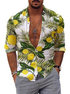 Männer Revers Hals Tops Strand biegen Kragen T-Shirt Hawaiian Blumendruck T-Shirt ab,Farbe:Zitrone,Größe:M