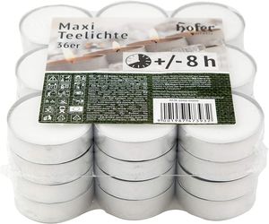 Čajové sviečky Hofer Maxi čajová sviečka - V kovových objímkach - Doba horenia až 8 hodín - Priemer 57 mm - Biela - Sada 36 sviečok
