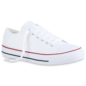 Mytrendshoe Herren Sneaker Low Basic Canvas Stoff Schuhe Turnschuhe Schnürer 820606, Farbe: Weiß Rotstreifen, Größe: 36