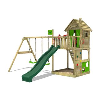 FATMOOSE Spielturm Klettergerüst HappyHome mit Schaukel & Rutsche, Spielhaus mit Sandkasten, Leiter & Spiel-Zubehör - grün