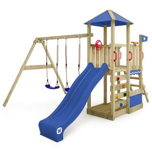 WICKEY Hrací věž s prolézačkou Smart Savana s houpačkou a skluzavkou, dětský domeček s žebříkem na lezení a hracími doplňky - modrá barva