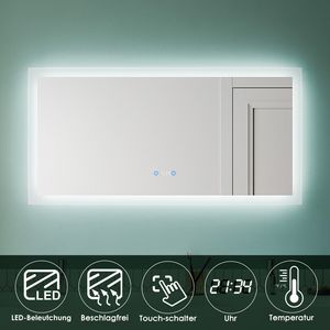 SONNI Badspiegel 120x60cm Touch-Schalter mit Uhr und Temperaturanzeige，Beschlagfrei Wandspiegel mit LED Beleuchtung IP44