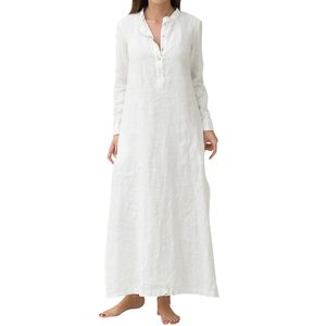 Damen Langarm-Revers Maxikleid Einreihig mit Taschen Freizeitkleid  Boho Locker Lang Kleid Weiß,Größe XL