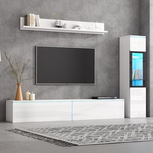 MODFU TV Wohnwand Set 3-teilig(TV Schrank+Wohnzimmer+Hängeregal),Wohnzimmer Möbel Set Frontale Wohnwand,Weiß