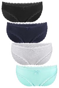 Fabio Farini - 4 Stück Damen Bikinislip - Unterhosen aus weicher Baumwolle mit Stretch-Anteil im Bikini-Style mit Schleifchen und dezenter Spitze Größe: L