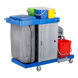 STIER Großer Hygiene- und Reinigungswagen, mit Tür, inkl. STIER Wischmop-Set und 5x STIER Moppbezug, Profi Putzwagen, mit Presse, mit 2 Eimern mit 18 l in rot/blau