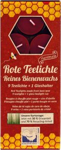 Bienenwachs - Teelichte rot mit Glasteelichthalter