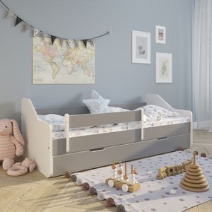 Kinderbett 80x160 mit Matratze, Rausfallschutz, Lattenrost & Schublade in grau 160x80 Mädchen Jungen Bett Skandi