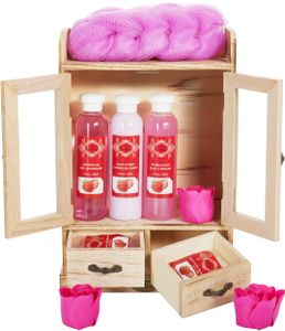 BRUBAKER Cosmetics Bade- und Pflegeset im Holzschrank - Wellness Badeset für Frauen - Damen Geschenkset mit Holz Dekoration, Erdbeeren Duft