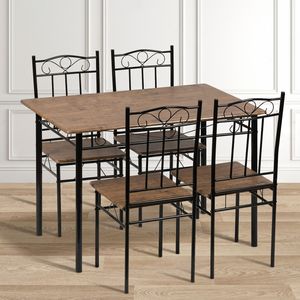 Sada stolu a 4 židlí DORAFAIR, stůl a židle s tmavou strukturou dřeva, černé kovové nohy