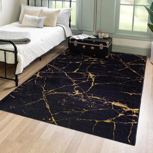 Mazovia Modern Teppich - Kurzflor Waschbar - Weich Teppich für Wohnzimmer, Schlafzimmer, Esszimmer – Teppiche Marmor Abstrakt Muster - Schwarz Gold 160 x 230 cm