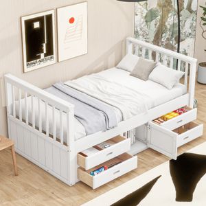 Massivholzbett mit Lattenrost, Schubladen und Schrank (90x200 cm), Kinderbett, Einzelbett, Kiefer