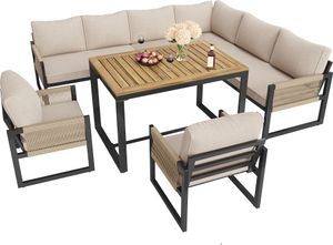 Garten Essgruppe 7-8 Personen Beige Gartenlounge-Set Gartenmoebel Set fuer Garten Balkon Terrasse Wetterfest Armlehnensofa 53x58x67cm