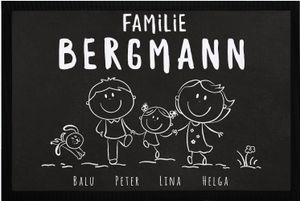 Fußmatte Familie personalisiert mit Namen 1, 2, 3 & mehr Kinder Hund Katze Strichmännchen SpecialMe® weiß 60x40cm
