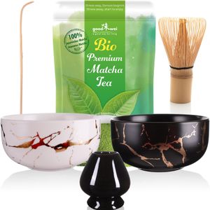 Matcha Teezeremonie Set "Marmor Duo" mit zwei Teeschalen, Besenhalter und 30g Premium Matcha