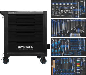 SW-Stahl Z3212 Profi Werkstattwagen TT802 schwarz I 8 Schubladen I 4 Schubladen gefüllt I 338 teilig I Werkstatt Rollwagen mit Werkzeug bestückt I Twin-Lock I Werkstattwagen kit I voll ausgestattet