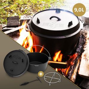 BBQ#BOSS Sada holandské trouby BBQ, 9 litrů, černá, litinový hrnec na pečení, hrnec na vaření se zvedákem poklice a nerezovou podložkou, kastrol s otvorem pro teploměr, hrnec na grilování pro venkovní i vnitřní použití