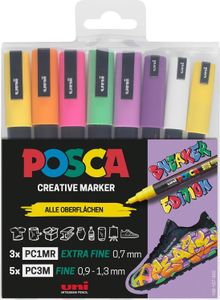 uni-ball 186828 - POSCA Marker Set Sneaker Stifte, 8er Etui, deckend auf dunklen Oberflächen