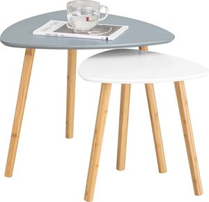 SoBuy 2er Set Beistelltisch mit Ablagen Couchtisch Sofatisch Kaffeetisch Satztisch fürs Wohnzimmer Bambus Hellgrau-Weiß FBT74-HG