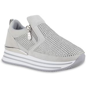 VAN HILL Damen Plateau Sneaker Strass Profil-Sohle Keilsneaker Schuhe 840630, Farbe: Grau, Größe: 38