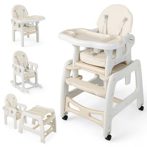 Dětská židlička COSTWAY 3 v 1, vysoká židlička, jídelní židlička a dětská sedačka, skládací dětská židlička s 5bodovými bezpečnostními pásy, odnímatelným podnosem, sedákem a opěradlem, pro děti od 6 do 36 měsíců, nosnost 20 kg (béžová)