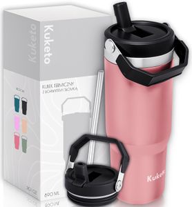 Kuketo | Thermobecher mit Griff - 900 ml - Rosa - Doppelwandig - BPA-frei - Für Unterwegs - Duslaufsicher mit Flip-Strohhalm Kuketo | Thermobecher mit Griff - 900 ml - Rosa - Doppelwandig - BPA-frei - Für Unterwegs - Duslaufsicher mit Flip-Strohhalm