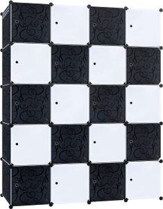 YARDIN DIY šatní skříň Plastový multifunkční šatní policový systém, plastová šatní skříň s 20 kostkami, se 3 tyčemi na oblečení, do ložnice (černá, 145x37x178cm)
