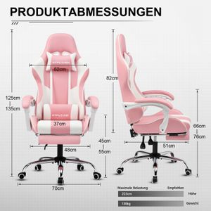 Herní židle GTPLAYER, ergonomická kancelářská židle s masážní funkcí a podnožkou, spojovací madlo, ocelová základna, růžová barva