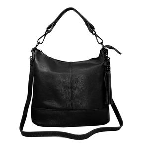 Leder Handtasche Schwarz mit Quaste und abnehmbarem Gurt  fs7221
