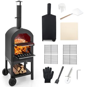 COSTWAY Pizza Oven Outdoor, drevený grilovací vozík s komínom, prenosná drevená grilová pec na grilovanie vonku, na záhrade, na kempovanie