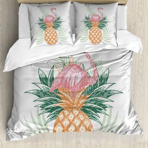 ABAKUHAUS Flamingo Bettbezug Set für Einzelbetten, Ananas Flamingo Leaves, Milbensicher Allergiker geeignet mit Kissenbezug, 200 cm x 200 cm - 80 x 80 cm, Mehrfarbig