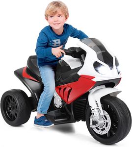 6V BMW Elektro Kindermotorrad mit Musik & Licht & Hupe, Kinderfahrzeuge, 3km/h, Elektromotorrad mit Stützrädern, Elektro-Dreirad (Rot)