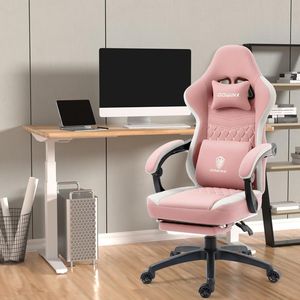 Fotel do gier z poduszką sprężynową, fotel do gier z masażem i podnóżkiem, ergonomiczny fotel do gier wyścigowych o nośności 150 kg, różowy