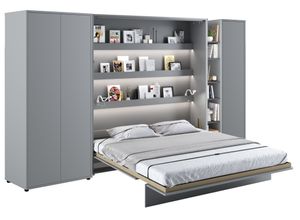 Wohnwand mit Schrankbett Bed Concept 180x200 Wandbett-Set Kleiderschrank Regalschrank Regal Led Beleuchtung Grau/Graphit