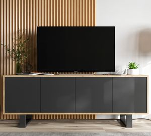 Loft TV-Schrank TV-Lowboard Apollo 2 Viertürig Zwei Metallfüße Modern Lindner Möbel 150cm x 53cm x 35cm  Farbe: Wotan Eiche matt - schwarz matt