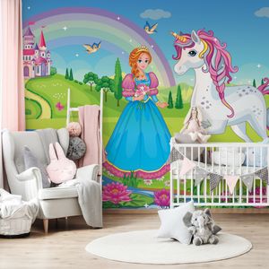 Muralo XXL Selbstklebende FOTOTAPETE PRINZESSIN Einhorn Schloss (B) 104 cm x (H) 70,5 cm Tapete Wandtapete WOHNZIMMER SCHLAFZIMMER 4857