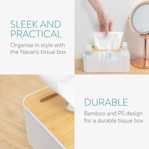 Navaris Taschentuchbox mit Fächern - Box für Kosmetiktücher Fernbedienung Handy - Multifunktionale Tücherbox Kosmetikbox Spender - weiß braun