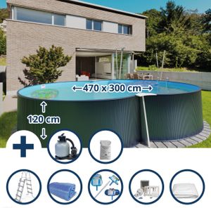 Stahlwandpool Set (8-teilig) hoch achtform 470x300x120 cm, Stahl 0,4 mm anthrazit Folie 0,4 mm blau
