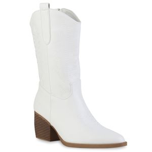 VAN HILL Damen Cowboystiefel Stiefel Stickereien Schuhe 839923, Farbe: Weiß, Größe: 38