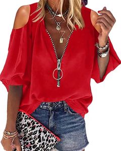 ASKSA Damen Bluse Laternenärmeln Schulterfrei Shirts Tiefer V-Ausschnitt Reißverschluss Locker T-Shirt Tops, Rot, L