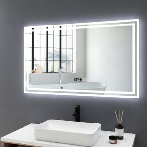 Meykoers LED Badspiegel 100x60cm Badezimmerspiegel mit Beleuchtung Wandspiegel mit Touch-Schalter, Uhr