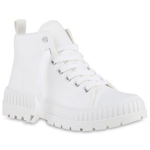 VAN HILL Damen Sneaker High Blockabsatz Schnürer Stoff Profil-Sohle Schuhe 840383, Farbe: Weiß, Größe: 39
