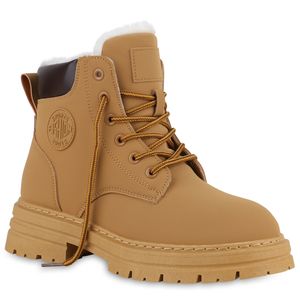 VAN HILL Damen Warm Gefüttert Worker Boots Stiefeletten Profil-Sohle Schuhe 840681, Farbe: Hellbraun, Größe: 38